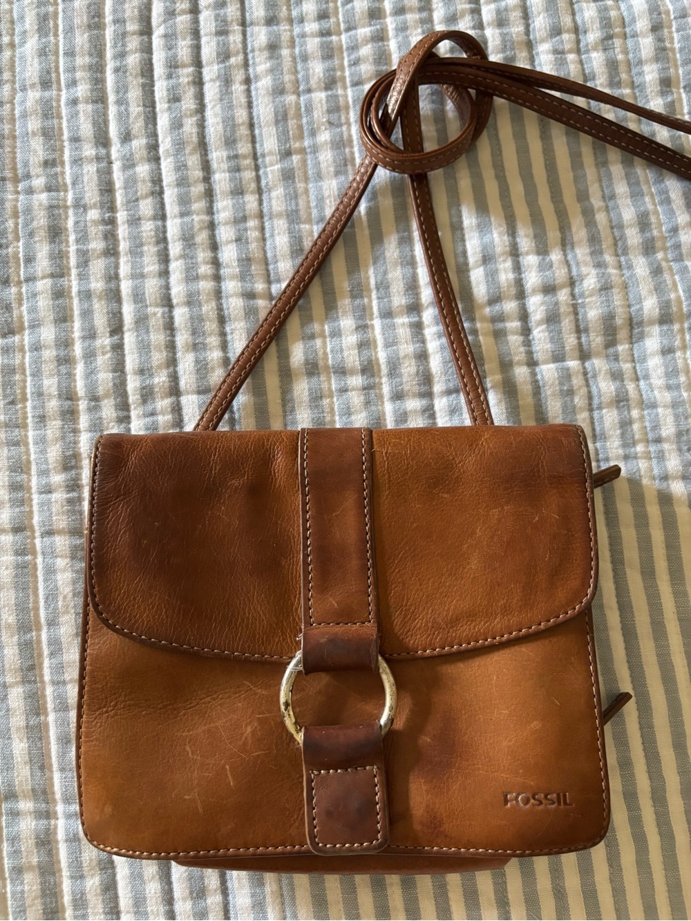 VTG Fossil Leather Crossbody Wallet Organizer Bag O’Ring Cognac Small Flaws